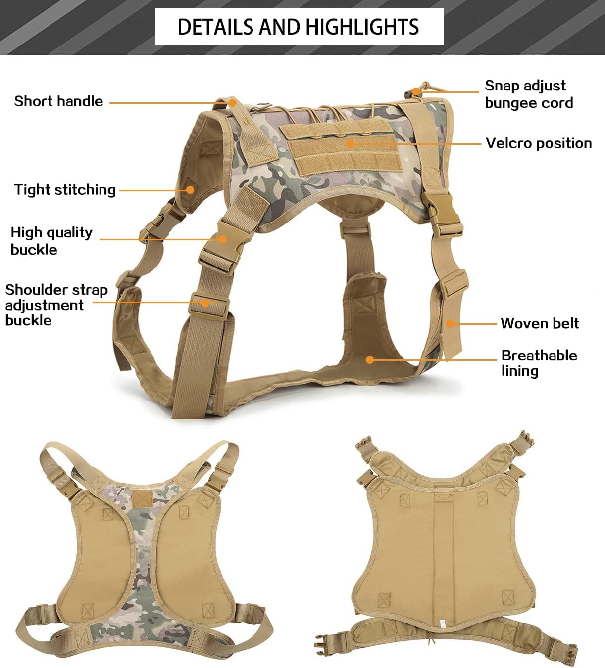 LIMHOO Tactical Dog Vest with Handle Adjustable Service Dog Harness No Pull Military Service Pet Vest for Walking Hiking Training (Cp Camo-L) image number 3