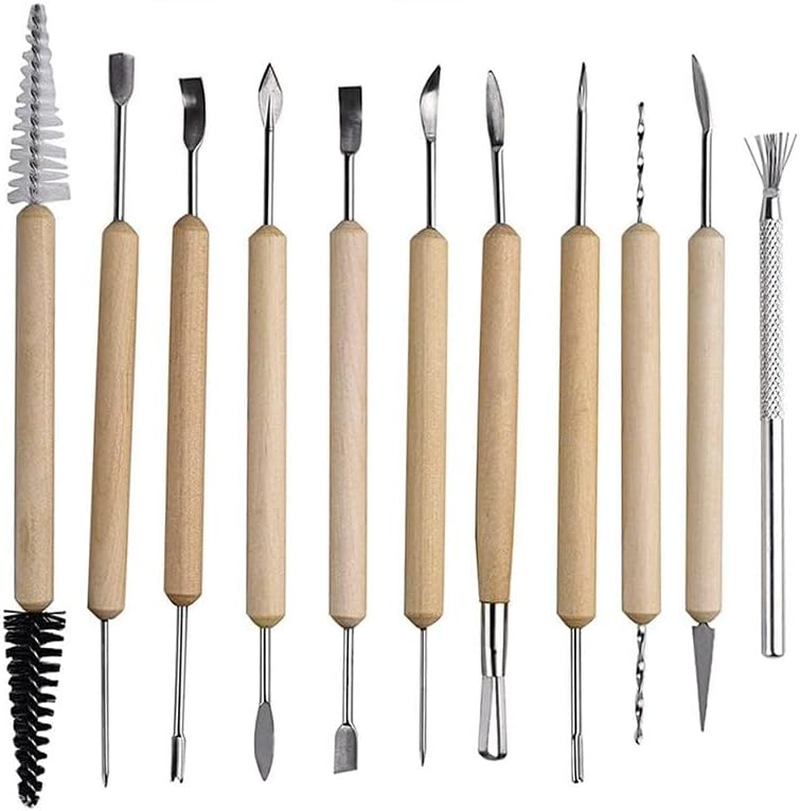 QYINXIU Pottery Clay Sculpting Modeling Tool Set,11-Piece Wooden Handle Clay Pottery Sculpting and Cleaning Tool Set, Double-Sided Clay Carving Tools image number 3