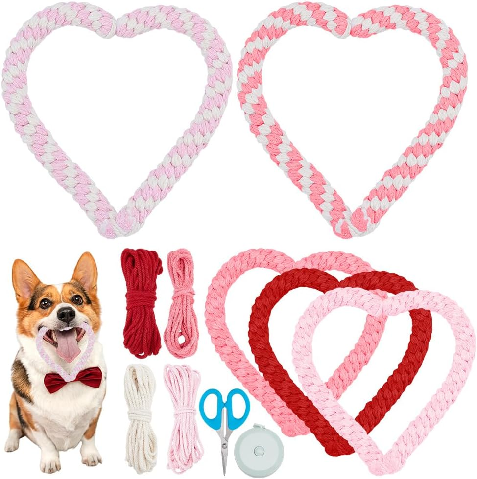 FREEBLOSS 5 Set Valentine'S Day Dog Chew Toys Kit Heart Shaped Dog Rope Macrame Kit Valentine'S Day Puppy Throwing Toy for Pet Teeth Cleaning Macrame Kit for Beginners image number 1
