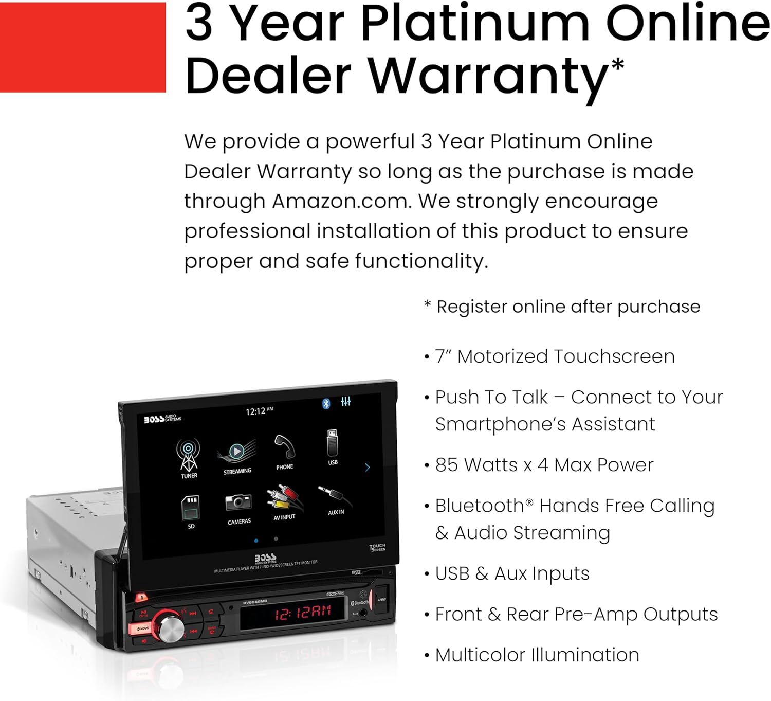 BOSS Audio Systems BV9968MB Car Stereo System - Single Din 7 Inch Head Unit, Touchscreen, Bluetooth Audio and Hands-Free Calling, AM/FM Radio Receiver, No CD Player, Aux-In, USB image number 6