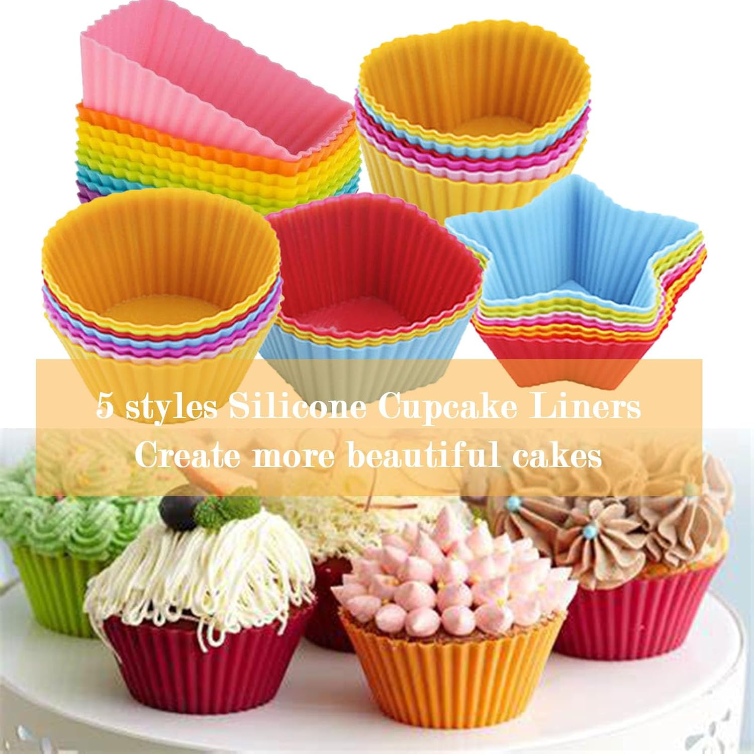 Silicone Cupcake Liners,50 Muffin Liners with 12 Food Picks for Kids and 2 Salad Dressing Container,5 Shapes Lunch Box Bento Dividers for Bento Box Accessories,Baking image number 3