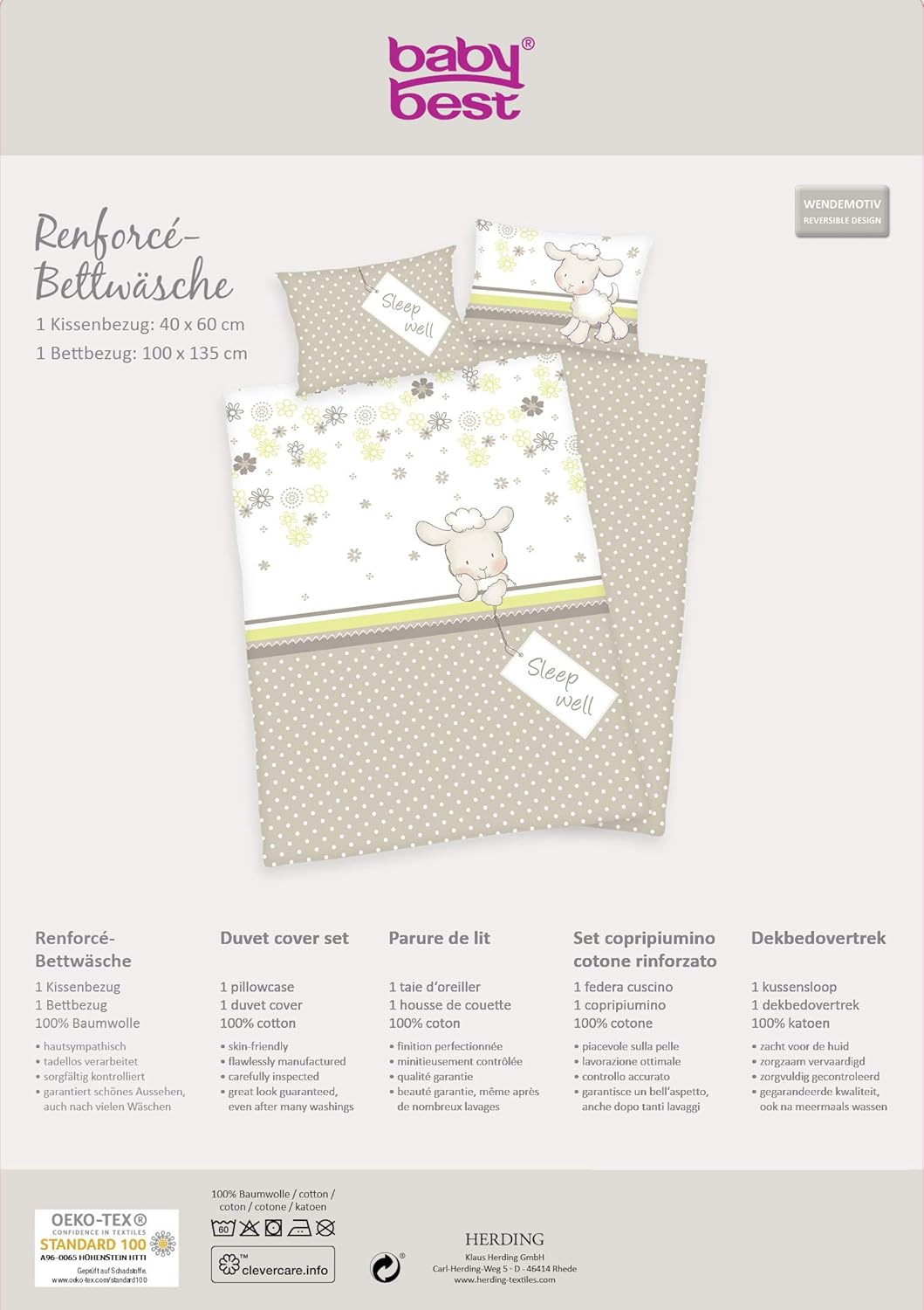 Herding Baby Best Toddler Bedding Set, Reversible Motif Lara Sheep, Duvet Cover 100 X 135 Cm, Pillow Case 40 X 60 Cm, Cotton/Renforc&eacute; image number 1