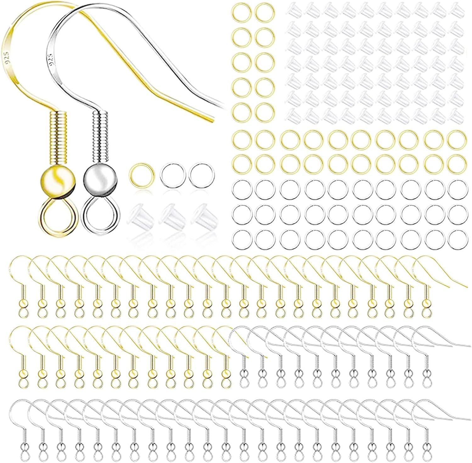 925 Sterling Silver Plated Earring Hooks 150 PCS/75 Pairs,Ear Wires Fish Hooks,500Pcs Hypoallergenic Earring Making Kit with Jump Rings and Clear Silicone Earring Backs Stoppers (Silver)
