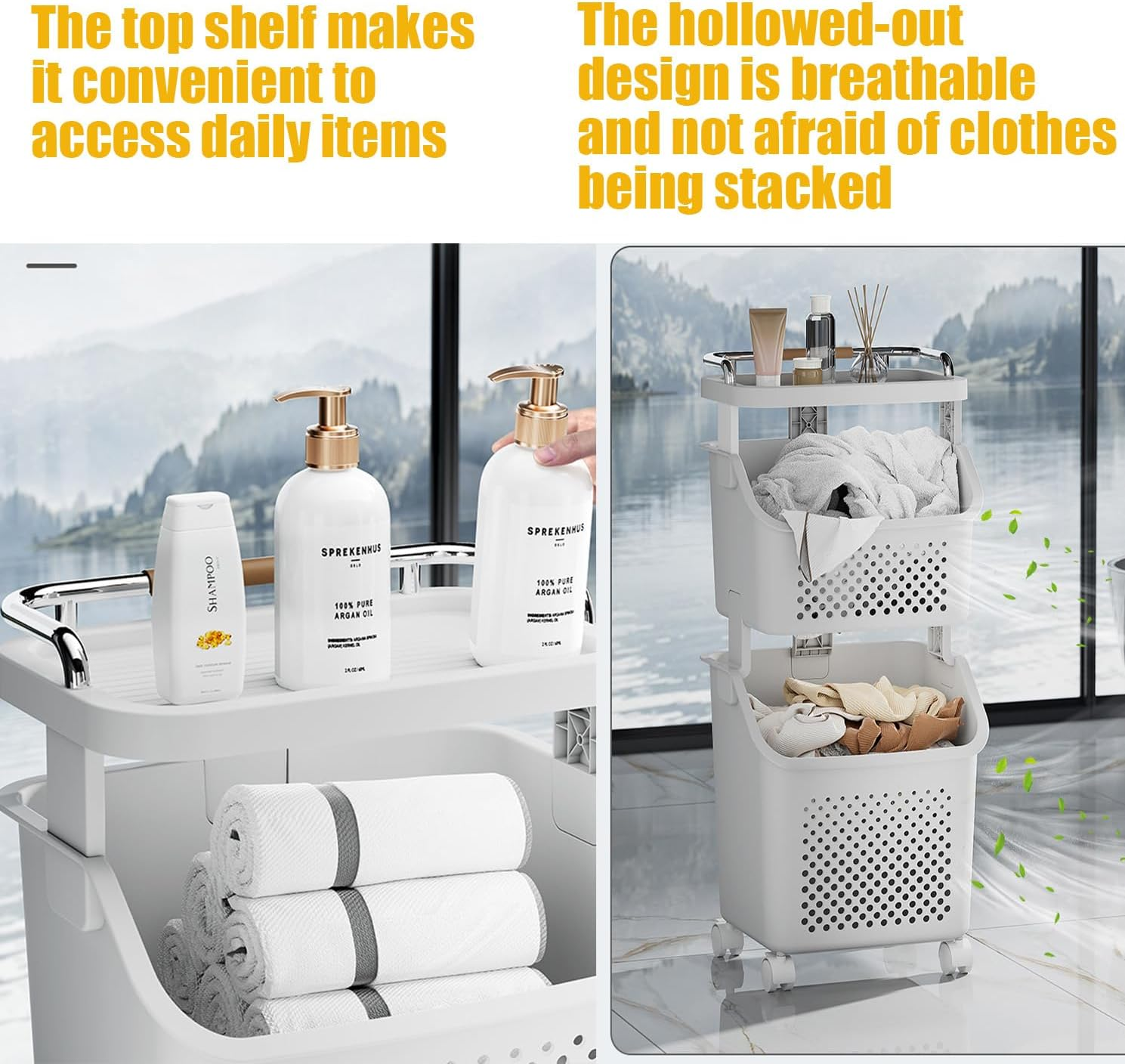 Rolling Laundry Hamper Cart with Wheels, Clothes - Holding Baskets Paired with a Clothes Hamper Featuring Convenient Portable Storage Baskets (2-Tier) image number 2