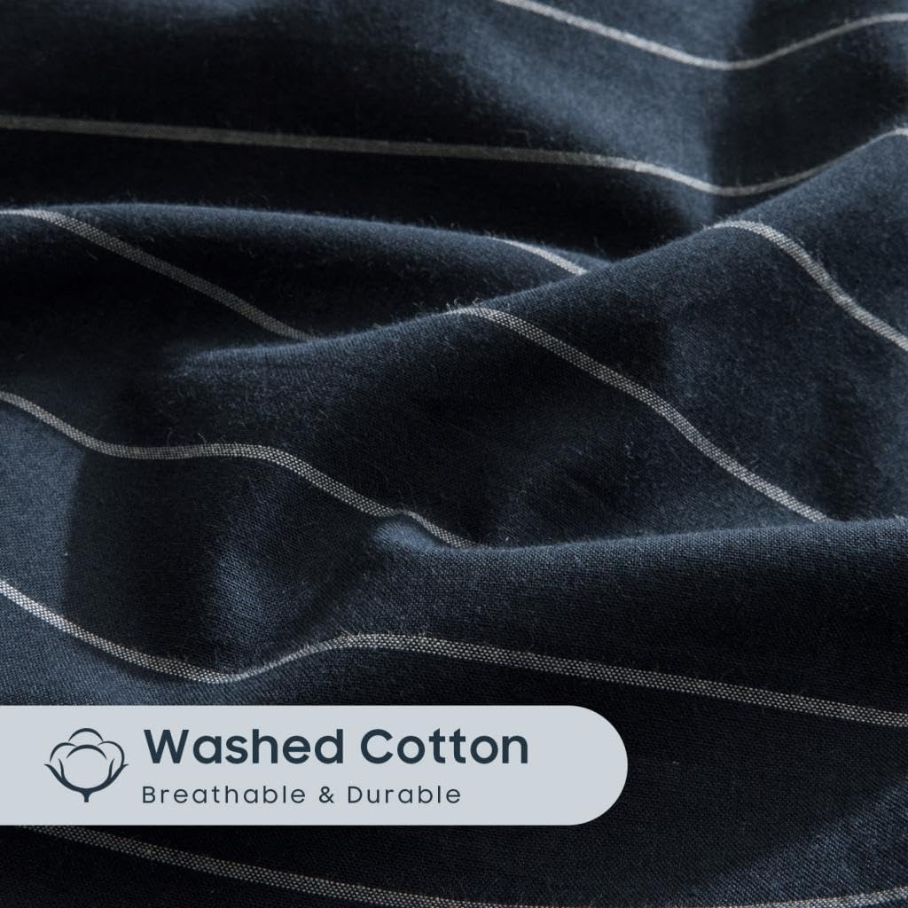 Wake in Cloud - Cotton Quilt Cover Set, 100% Washed Cotton Doona Duvet Cover Bedding Set, 3 Pieces, Pinstripe Navy Blue, Queen Size image number 3