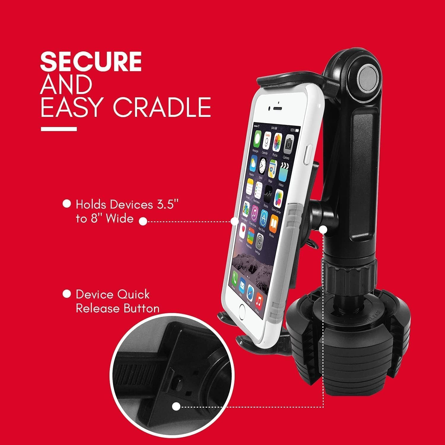 Macally Cup Holder Tablet Mount - Heavy Duty Ipad Cup Holder Car Mount Stand or Tablet Holder for Car, Truck, and Vehicle - Fits Devices 3.5" - 8&rdquo; Wide with Case - Adjustable Ipad Holder for Car image number 6