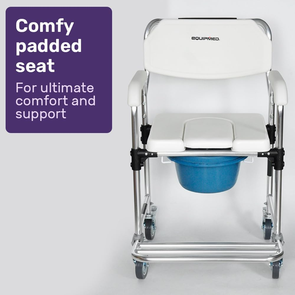 Equipmed Commode Shower Chair, over Toilet or Bedside 136Kg Capacity Aluminium Frame with Wheels, White/Blue image number 6