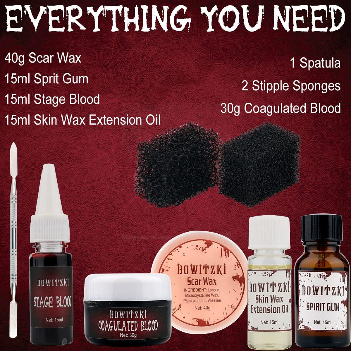 Bowitzki Halloween SFX Makeup Kit Scar Wax Special Effect Makeup,Scab Blood + Spirit Gum + Skin Wax + 2 Stipple Sponges + Extension Oil + Spatula + Fake Blood image number 1
