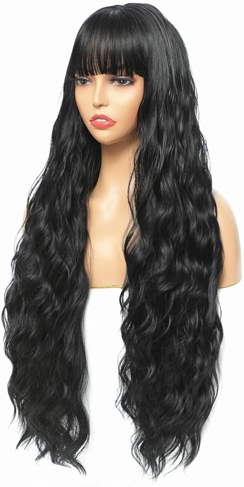 Sangrui Black Long Straight Wig with Fringe for Women, 75 Cm Synthetic Fibre Straight Wigs, Long Black Fringe Bangs Wig