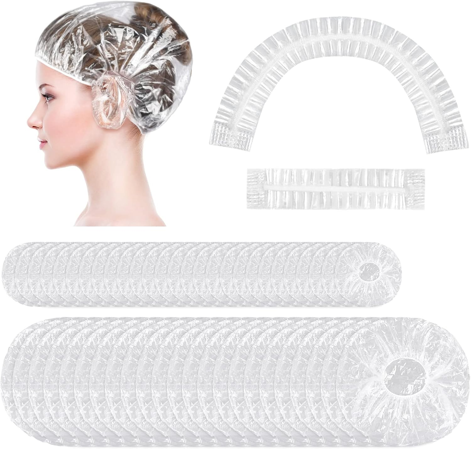 MORGLES Shower Caps Reusable Waterproof, 100 Pcs Disposable Plastic Shower Caps for Women Bathing, Hair Salon Home & Travel Use