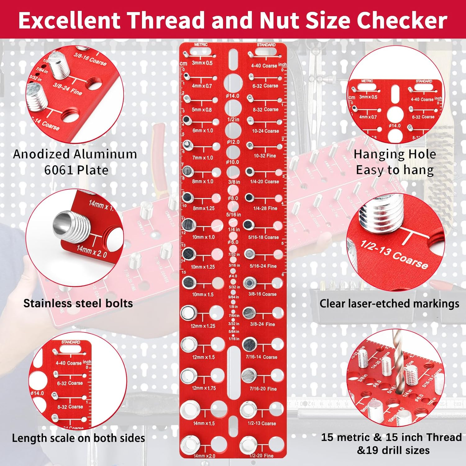 Thread Checker, 49 Nut and Bolt Thread Checker, Screw Size and Thread Identifier Gauge with 15 Standard & 15 Metric &19 Drill Bit Gauges, Bolt Size Finder for Quickly Identify Thread Sizes image number 6