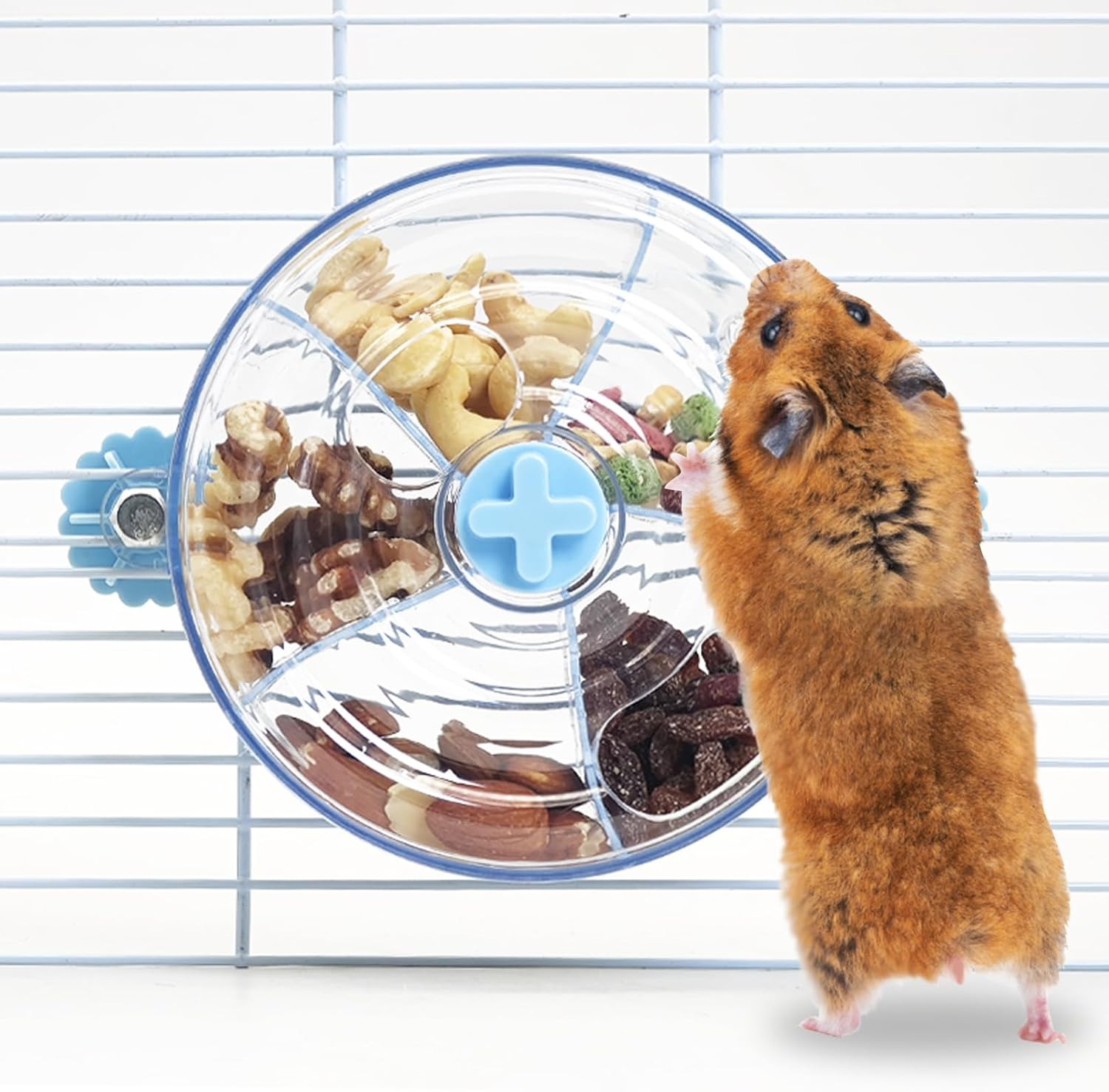 VCEPJH Rat Foraging Toy Interactive Slow Feeder with Transparent Rotating Treat Dispenser Wheel for Enrichment Activities Pet Rat Cage Accessories Ideal for Syrian Hamster Gerbil Mice (Blue) - Blue image number 1