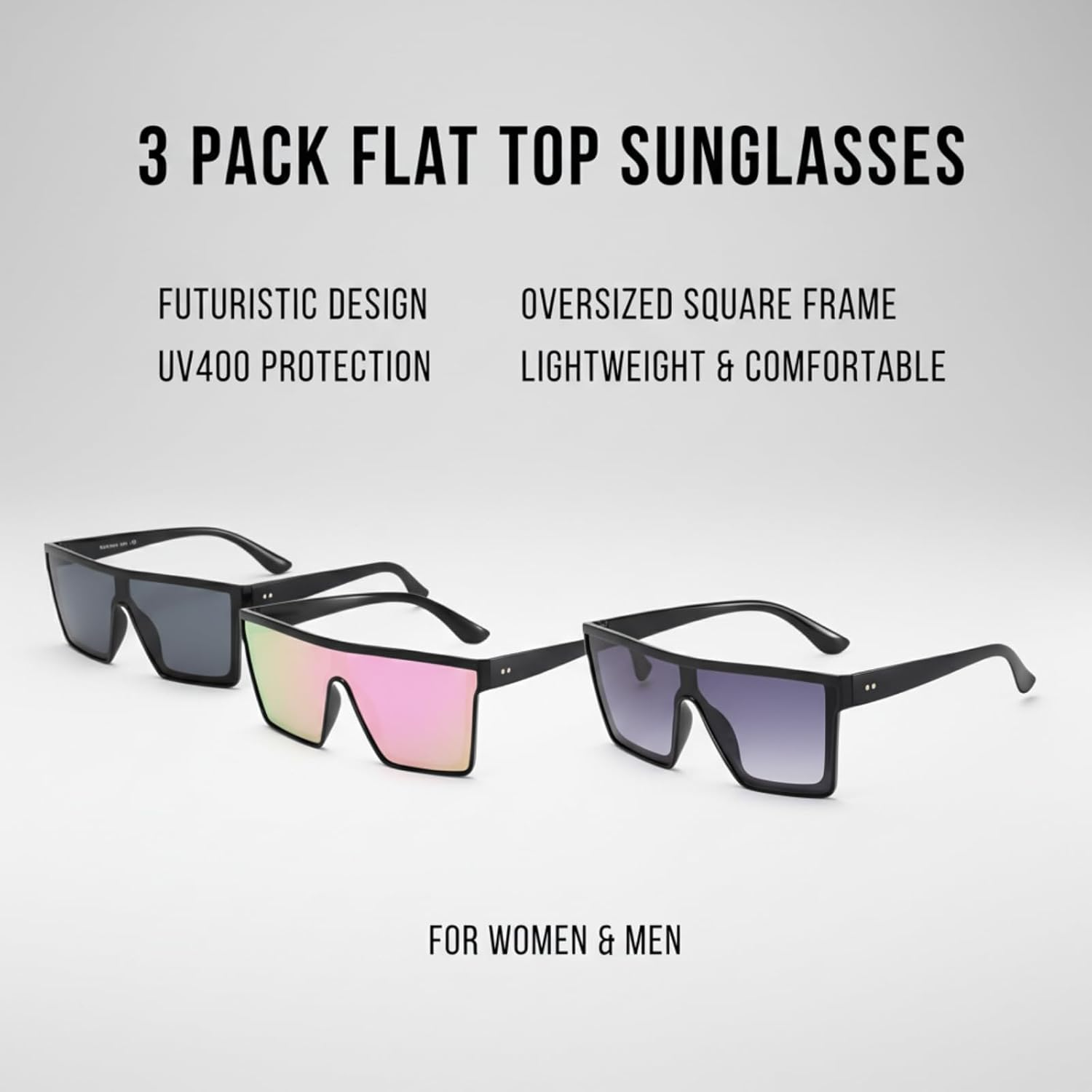 3 Pcs Futuristic Neon Flat Top Sunglasses, Oversized Square Big Frame Shades for Women Men Fashion image number 2