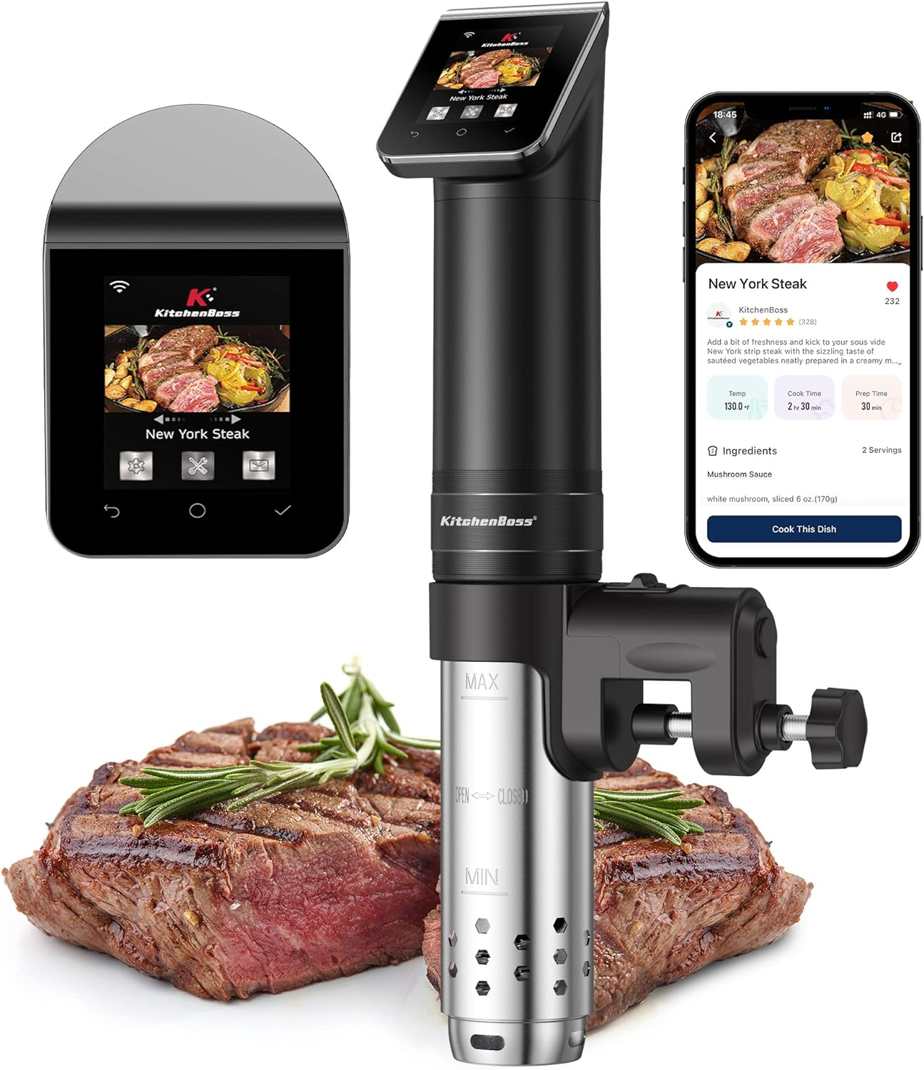 Kitchenboss Sous Vide Garer Stick WLAN: G330 Wifi Precision Cooker Precise Temperature Setting up to 90&deg;C IPX7 Waterproof TFT Touch Display Immersion Diving Ciculator 360&deg; Circulation with Timer