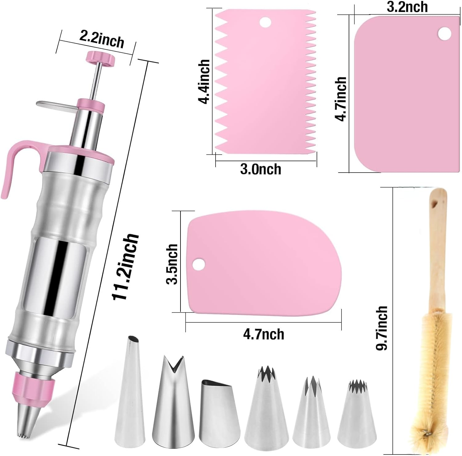 Cake Decorating Tool,16 Pcs Icing Decoration Gun Set,Dessert Decorating Syringe Tools,6 Piping Nozzles,3Cream Scrapers,3 Cupcake Molds,1Cleaning Brush,Cupcake Frosting Filling Tools(Stainless Steel) image number 4