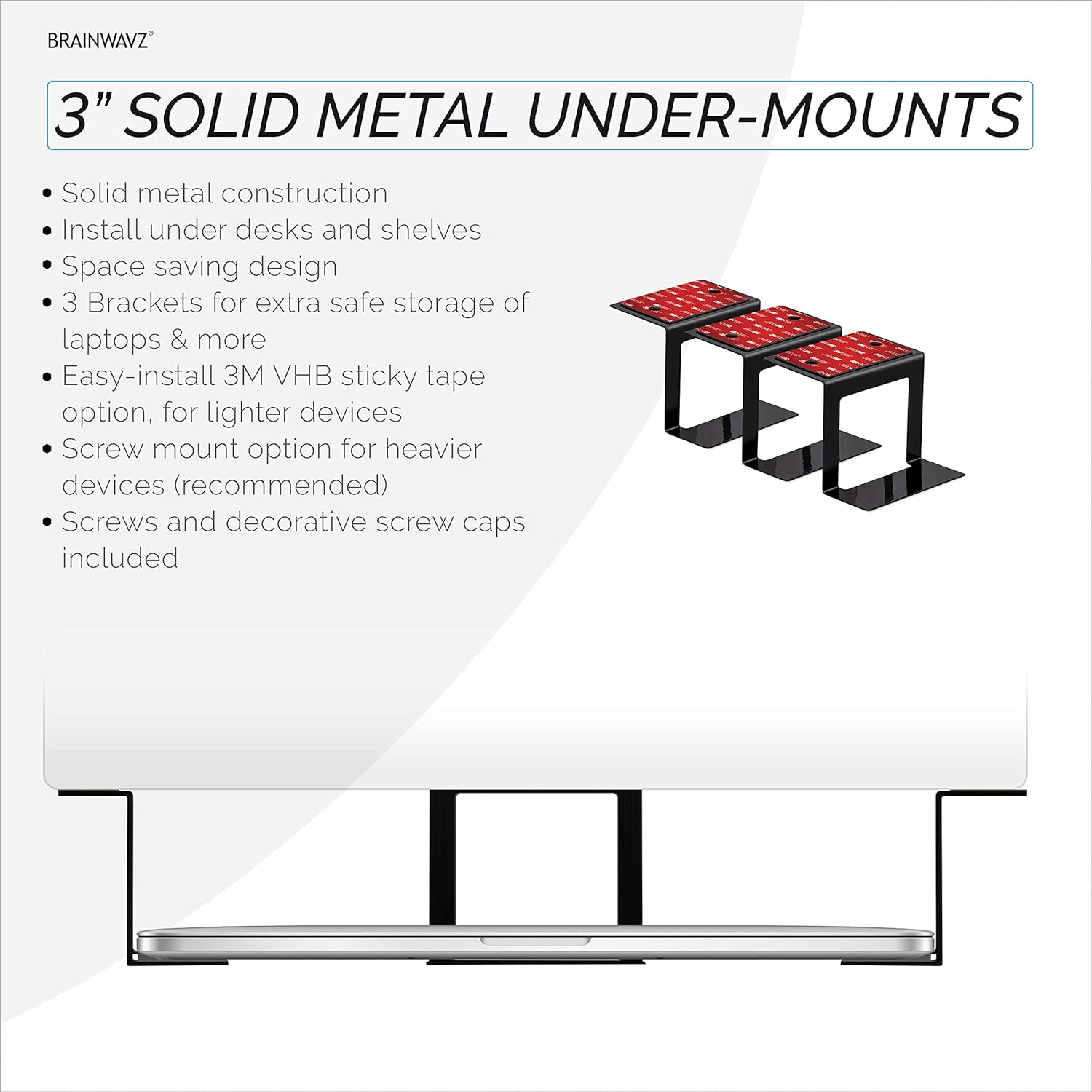 3&rdquo; Metal under Desk Laptop, Cable Box & Router Holder Mount, Adhesive & Screw In, Holds Upto 3" Devices like Small Computers, Macbook, Surface, Keyboard, Network Switch, Modems & More - Black image number 4