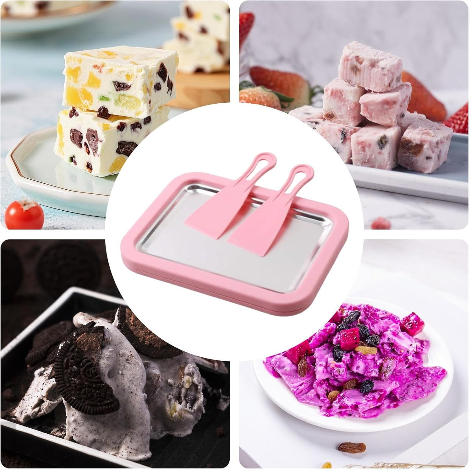 Ice Cream Roller Maker, Instant Portable Stainless Steel, Homemade Yogurt Tray with 2 Spatulas, for Yogurt Sorbet Soft Serve Slushies Dessert Kids Adults Home Kitchen Party