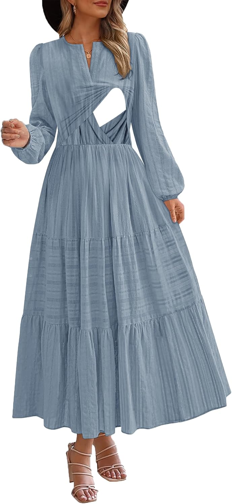 Nursing Fall Dresses for Women Puff Long Sleeve V Neck Tiered Wedding Guest Maxi Dress with Pockets