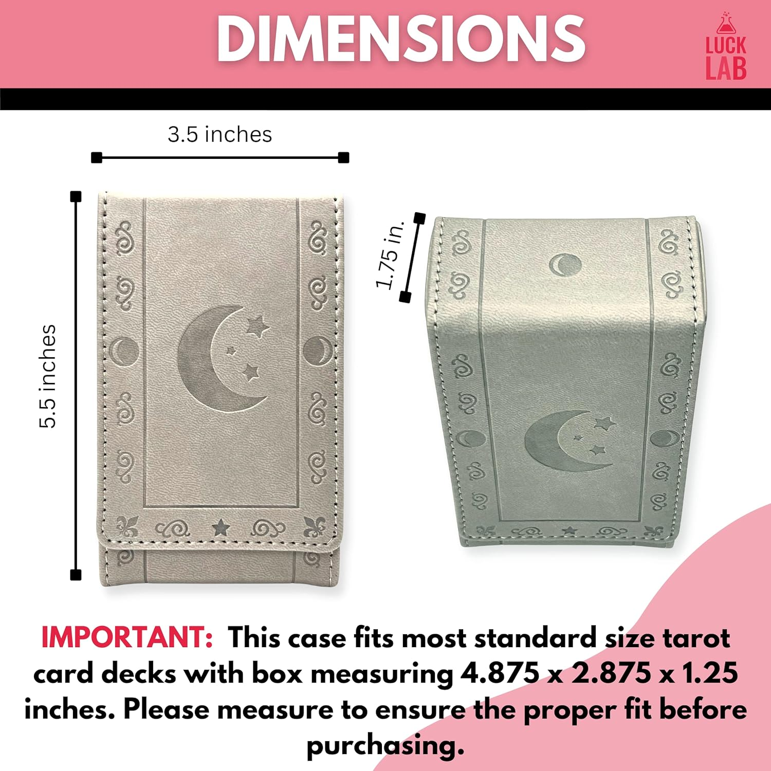 Luck Lab Leather Tarot Card Case/Holder - Grey - for Most Standard Size Tarot Cards (Fits Deck Size with Box Measuring 4.875 X 2.875 X 1.25)- Moon Design image number 1