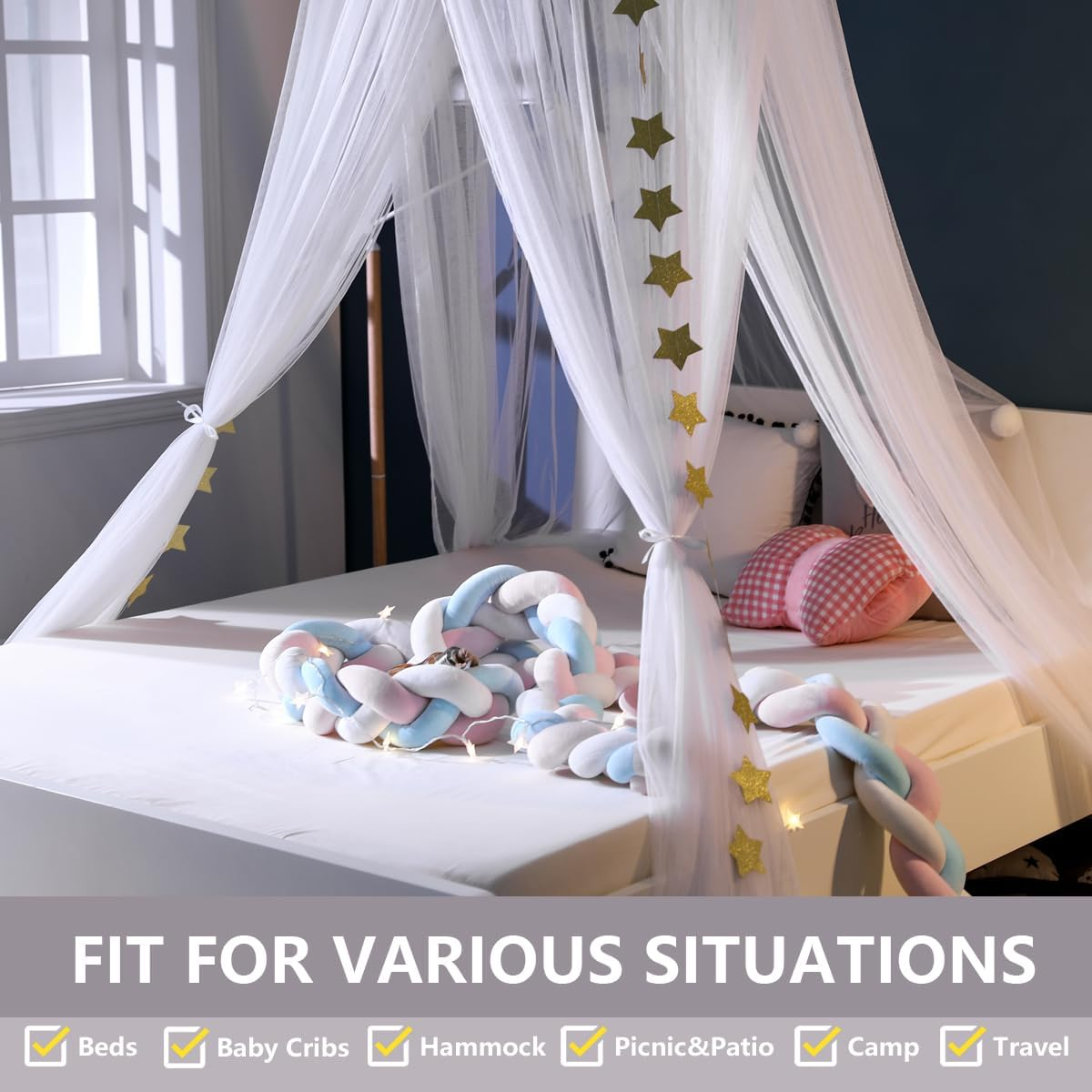 Crown Bed Canopy Mosquito Net with round Dome, Curtain Court Canopy with Stars Decor for Baby Crib, Kid Bed, Play Tent, Children Reading Nook Canopies Indoor, Hanging Bed Net Decoration (White) image number 2