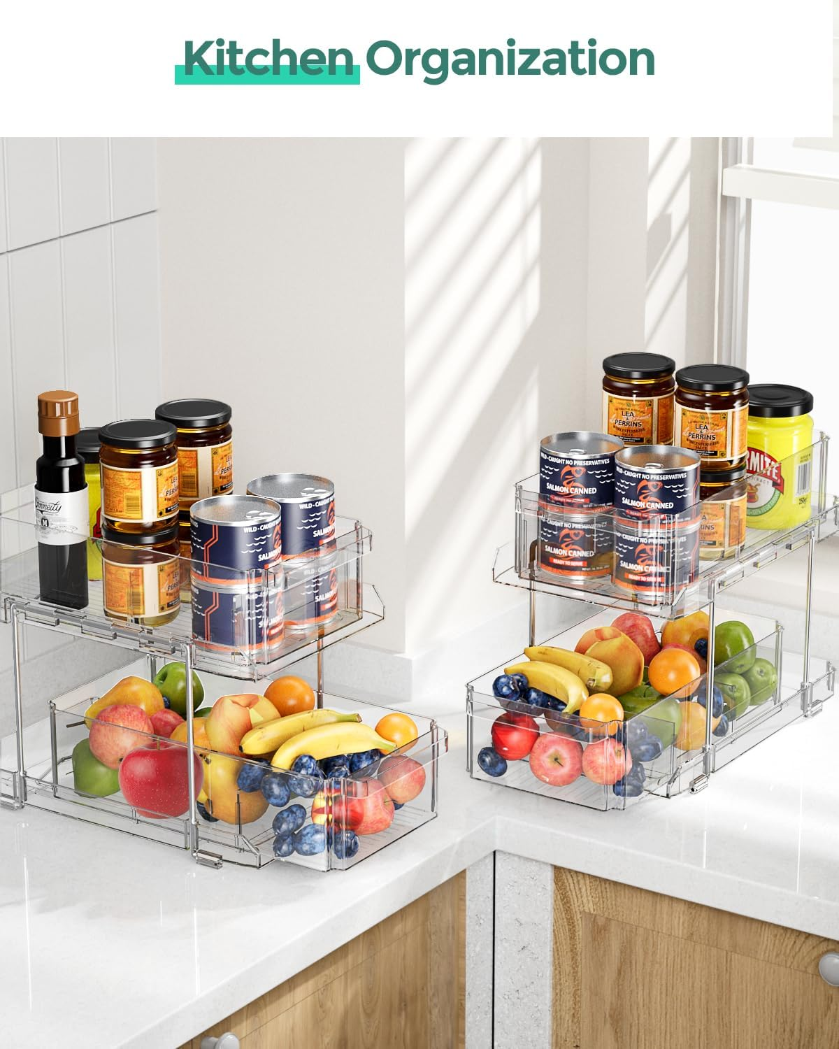 IPOW 2 Pack of 2 Tier Pull Out Kitchen Storage Organizer with Dividers, Organiser for Kitchen Bathroom Pantry Storage, Medicine Cabinet, under Sink