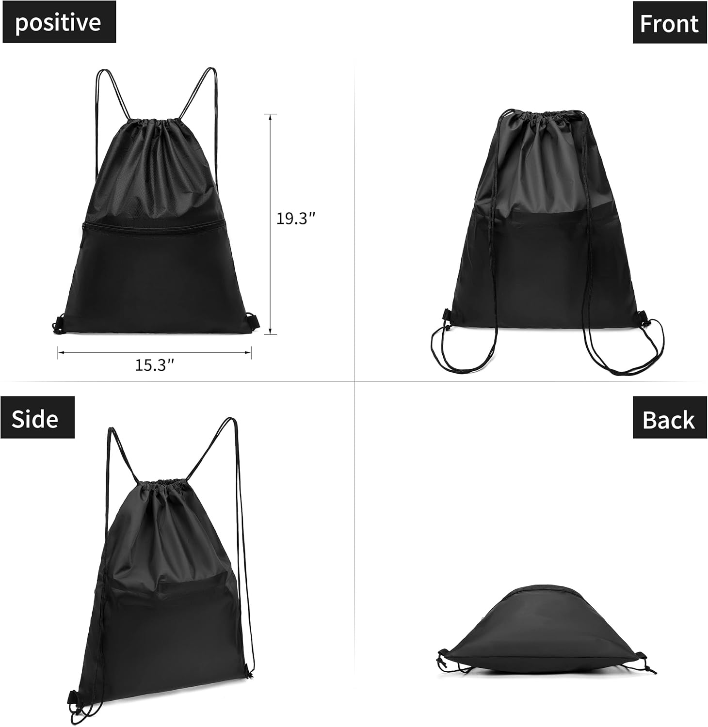Drawstring Backpack Bag, Waterproof Gym Drawstring Bags, Draw String Back Pack with Pockets, Cinch Bags Drawstring with Zipper, Travel Beach Bag for Men Women Gym Sports (Black) image number 5
