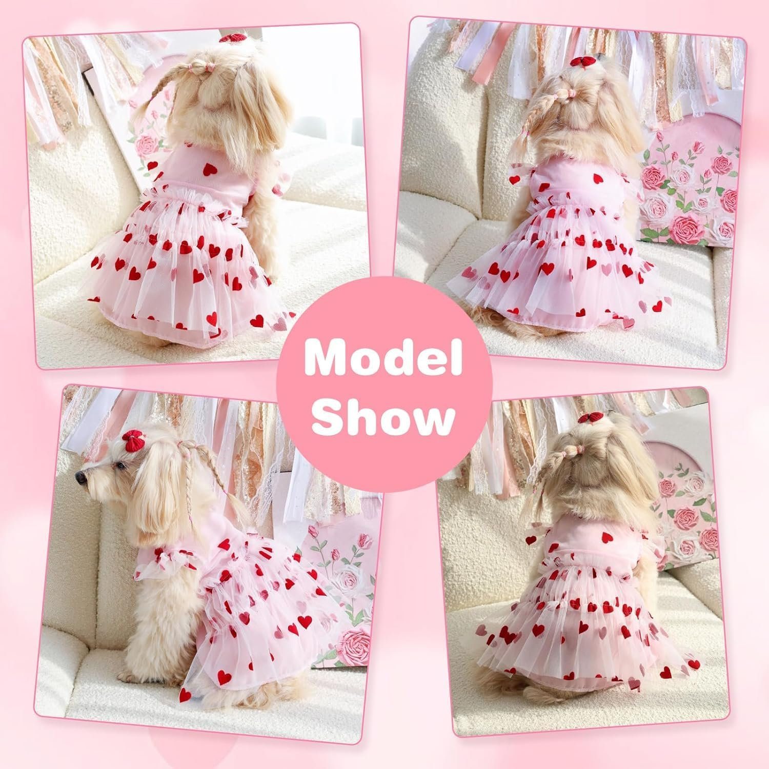 Small Dog Dresses Heart Print Dog Cat Wedding Dress Puppy Tulle Dress Doggie Tutu Skirt Cat Outfit Pet Costume for Clothes (Pink, S) image number 2