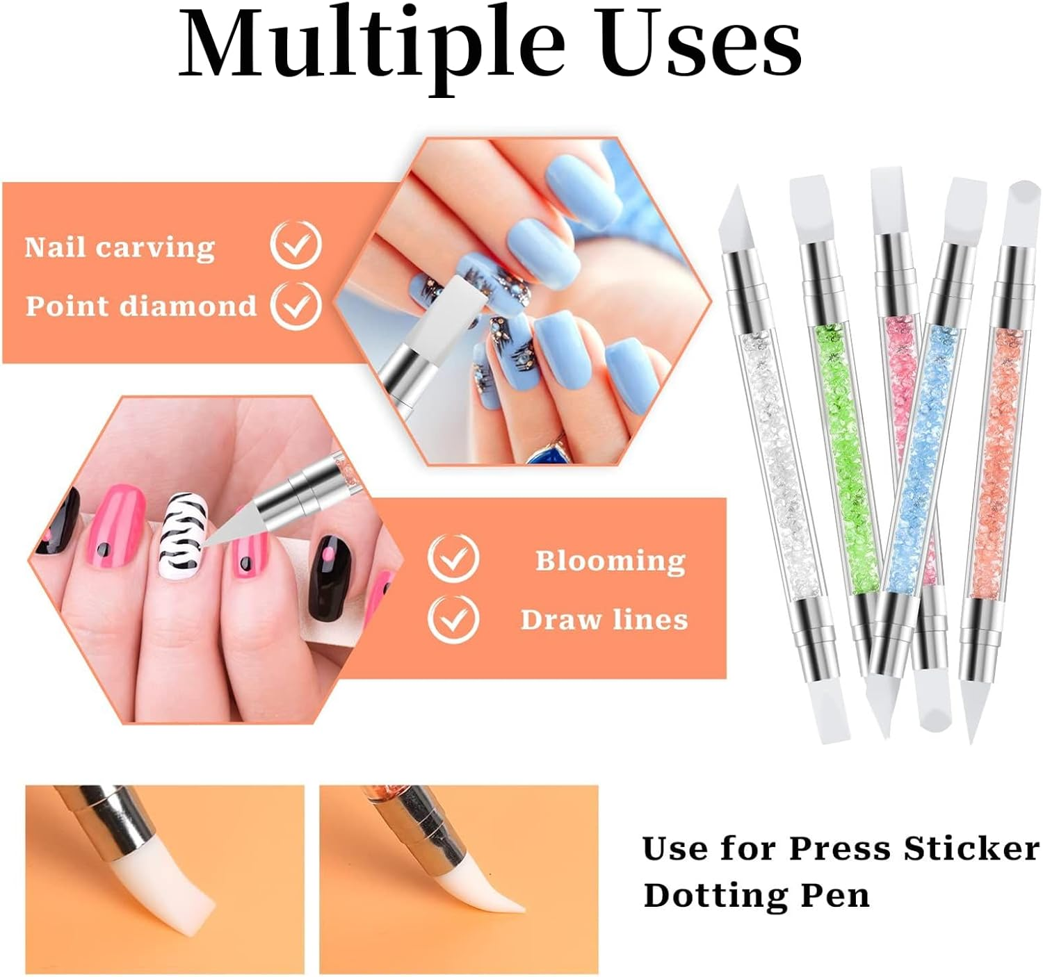Nail Sculpture Pen, 5 PCS Dual Head Silicone Nail Brushes,Nail Polish Carving Pen for Chrome Powder, 3D Design & Stamping, Professional Nail Tools for Home Salon & DIY Beginners image number 5