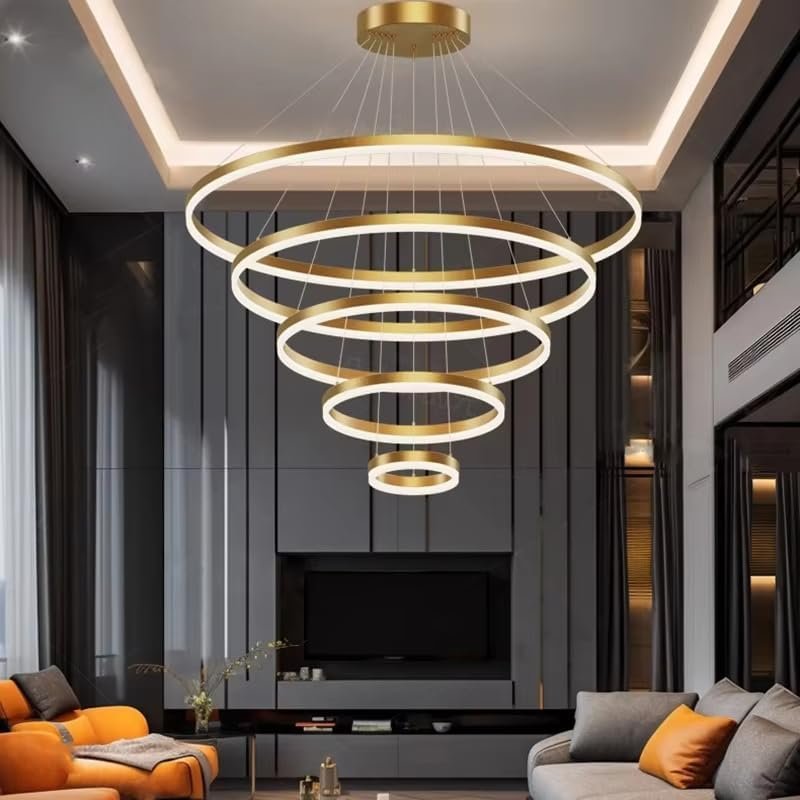 BAMDECOR Modern LED Chandelier, Dimmable Pendant Light with Remote Control Rings round Ceiling Lighting Fixture 3 Color Temperatures Contemporary Chandeliers (5 Rings-Gold) image number 2