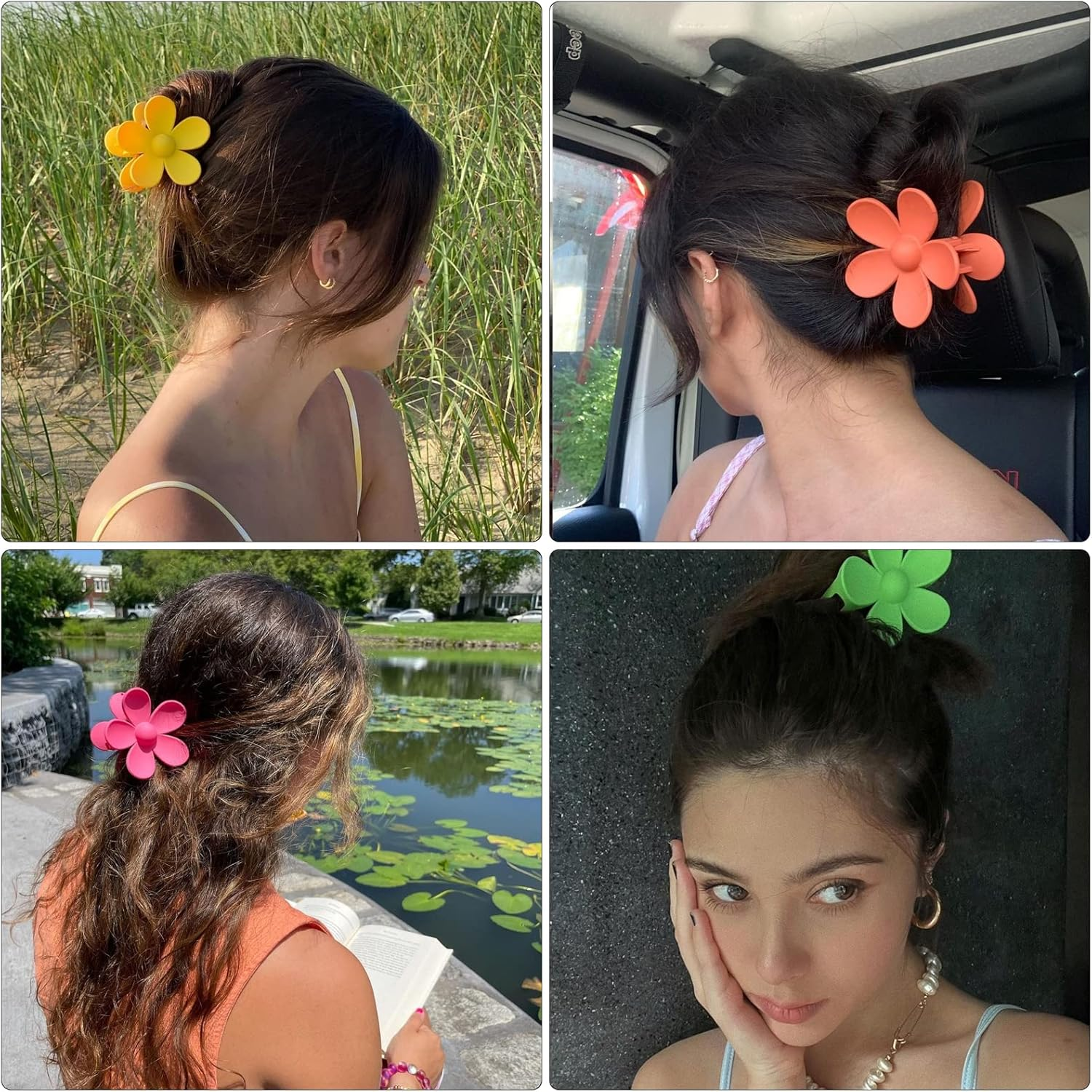 Pack of 8 Hair Clips Flower Hair Clips Yellow Blue Green Pink Purple Rose Red Light Blue Orange Colourful Hair Clips Large Hair Clips Women Acrylic Colourful Hair Clips Small Hair Clip Thin Hair Clips for Girls image number 6