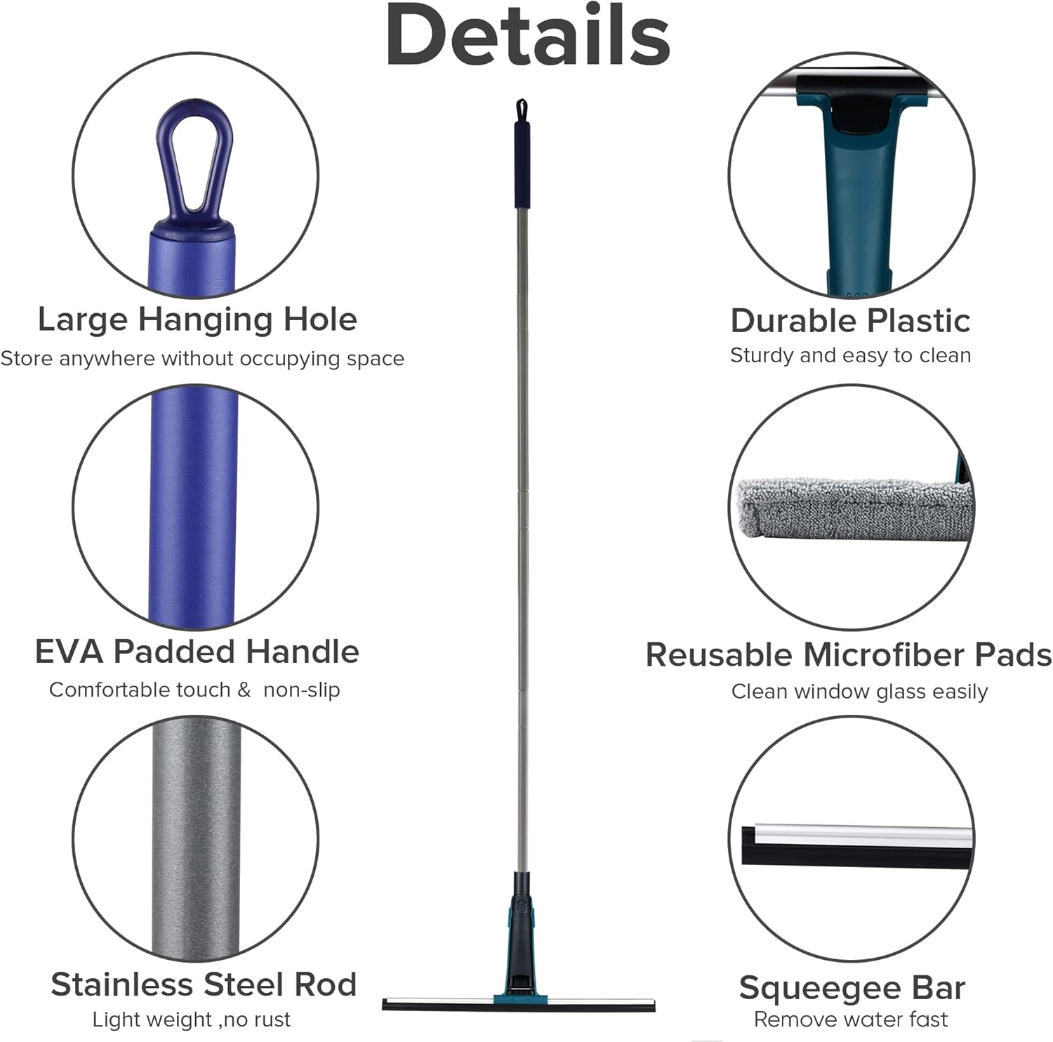 JEHONN Window Shower Squeegee for Glass Door with 152 Cm Long Handle, Professional Floor Squeegee Mop for Cleaning Garage Tile Concrete Mirror Windshield Bathroom Car Home image number 5