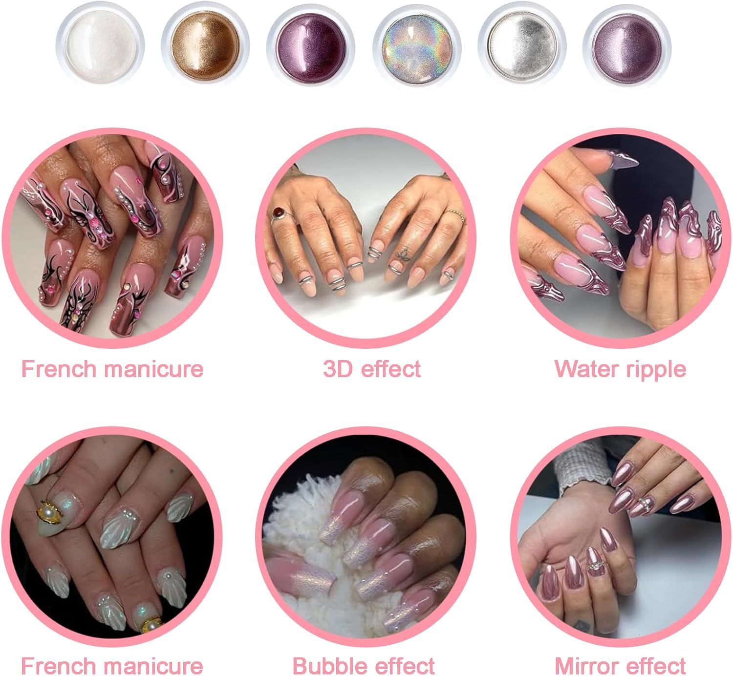HHMJZW Chrome Nail Powder - 6 Colors Metallic Mirror Pearl Holographic Pigment for Nail Art Decoration