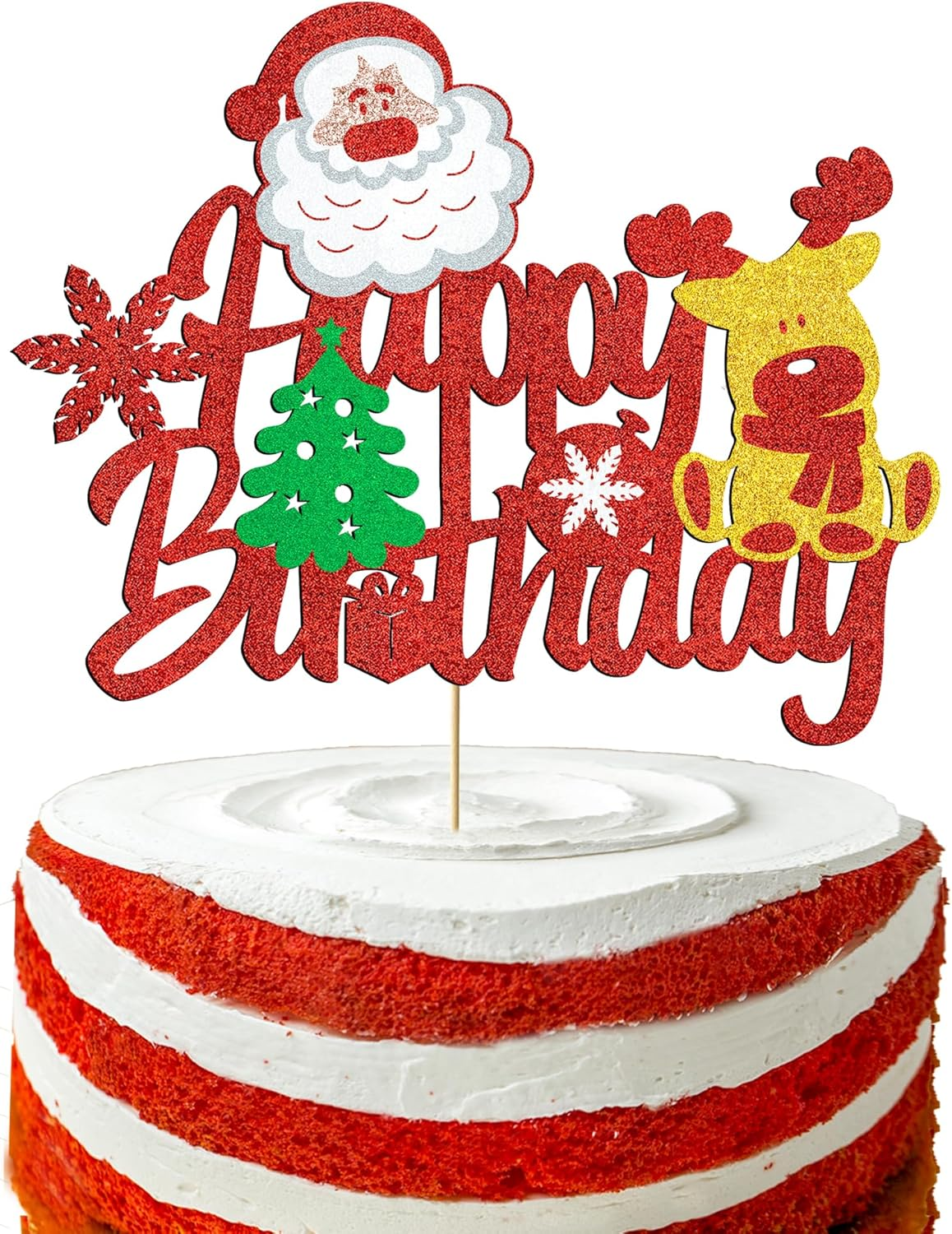 Biird Christmas Cake Topper Christmas Cake Decorations Birthday Cake Decorations with Glitter Christmas Tree Deer Santa Claus Cake Pick Decorations for Xmas Theme Happy New Year Party Supplies image number 6