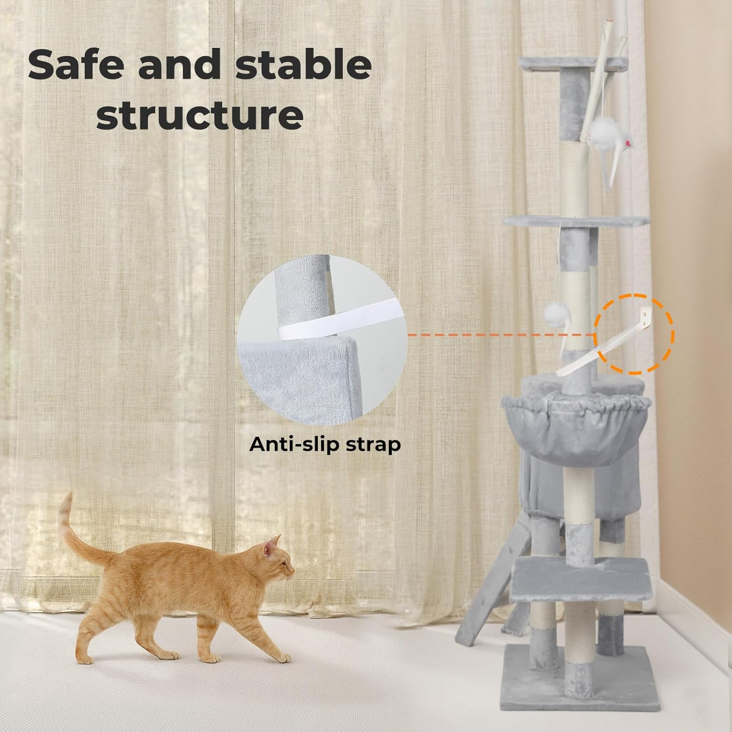 Pawz Cat Tree, 143Cm Cat Scratching Post and Pads, Multi-Level Play Tower, Cat Condo with Padded Plush, Cat Tower with Hammock for Large Cats, Cat Activity Center, Home Pet Furniture Grey image number 2