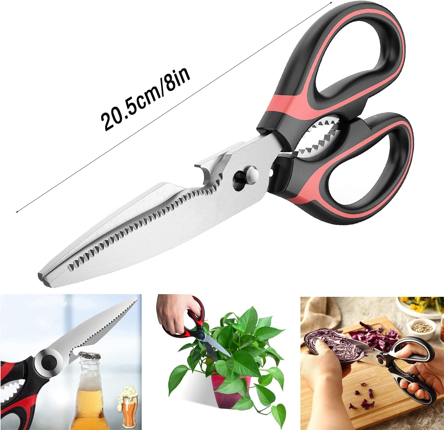 Heavy Duty Kitchen Scissors, Sharp Kitchen Scissors Multipurpose Utility Stainless Steel Scissor, Kitchen Shears for Chicken, Poultrymeat, Vegetables, Herbs, Bbq,Bottle & Jar Opener（2Pcs ） image number 4