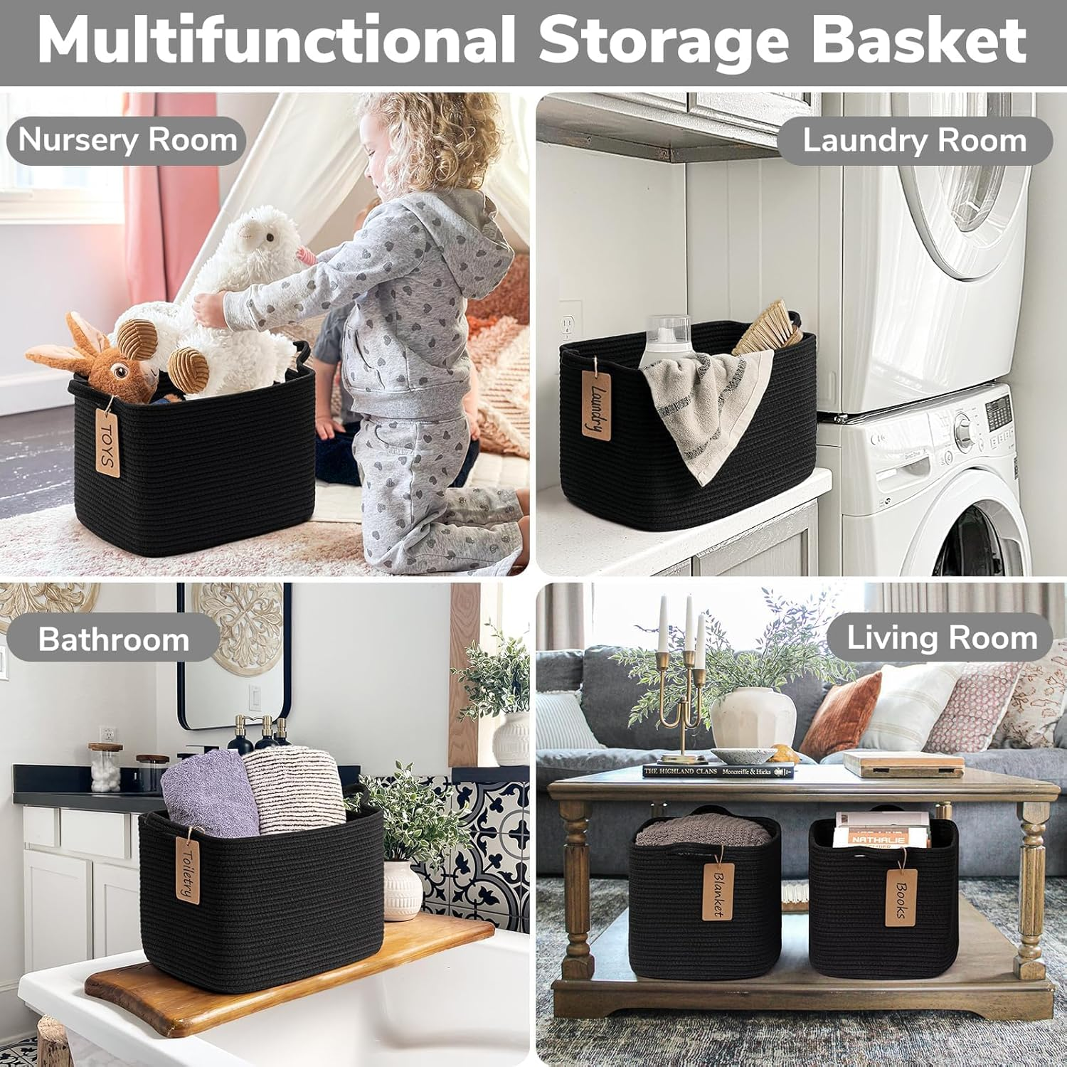 Storage Basket, Woven Baskets for Shelves, Cotton Rope Basket for Toys, Towel Baskets for Bedroom, 33 X 25 X 23Cm, 3 Pack, Black image number 3