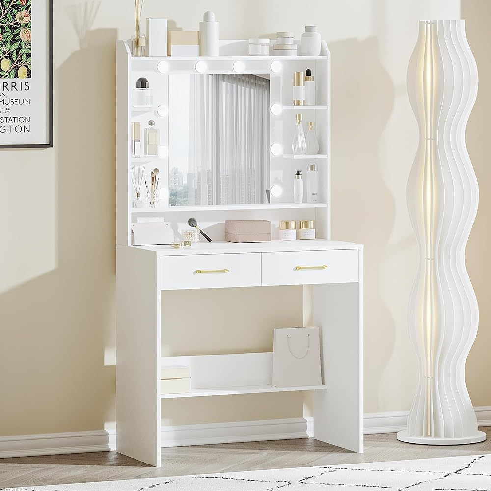 Hzuaneri Vanity Desk with Mirror and Led Light, Adjustable Brightness, Dressing Table with Shelves and 2 Drawers, for Bedroom, 40 X 80 X 149 Cm, White DT08203XAU image number 3