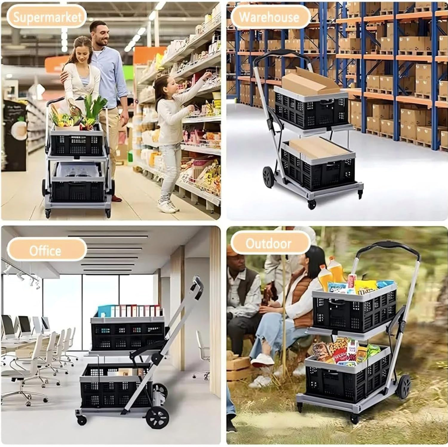Folding Shopping Cart 2 Tier Multi Use Mobile Trolley Functional Collapsible Carts with Wheels and Removable Folding Storage Crates, for Groceries,Camping,Garage, Supermarket (Single Layer) image number 5