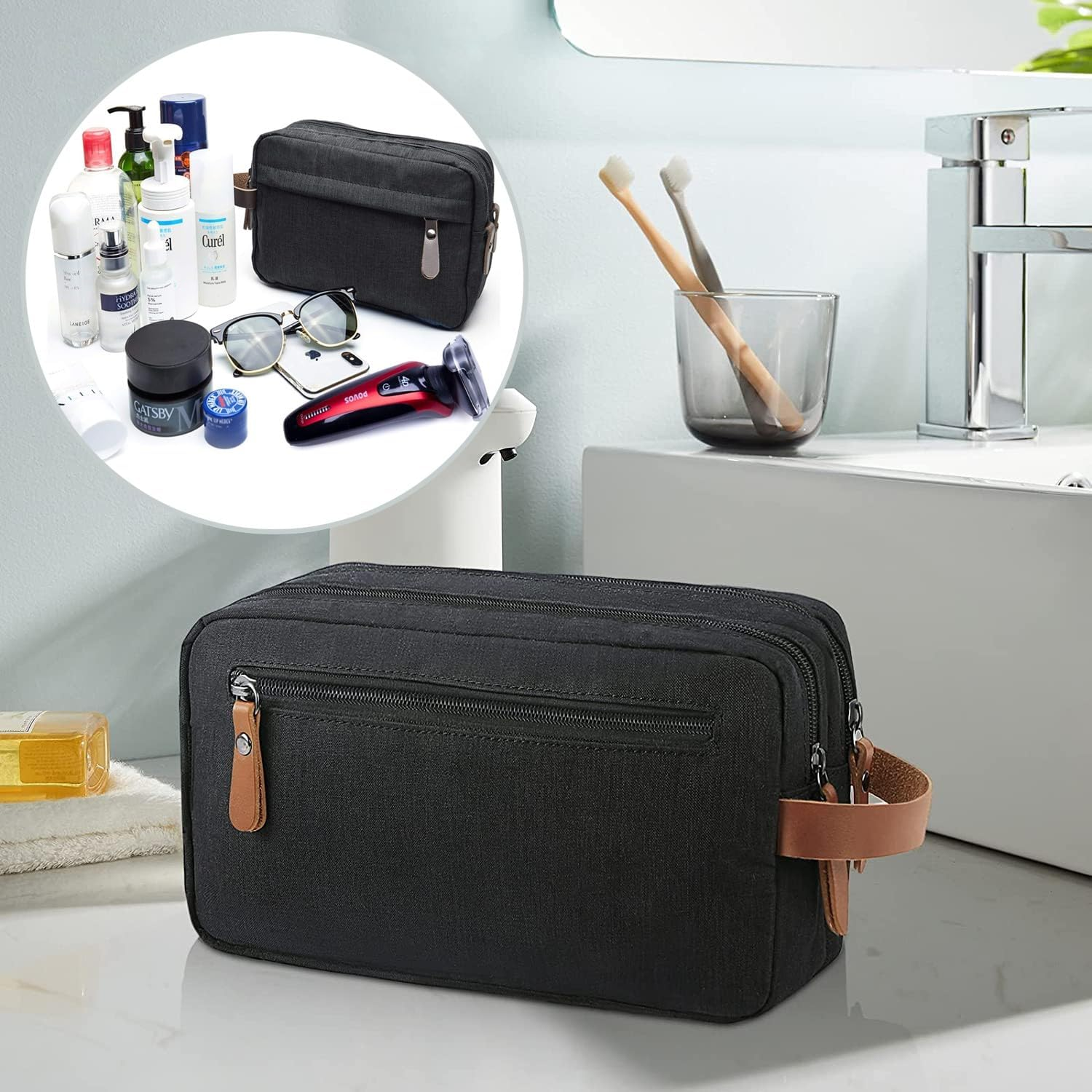 Men'S Travel Toiletry Bag,Portable Travel Organizer,Travel Razor Bag, Women'Stoiletries Canvas Cosmeticbag, Cosmetic Accessoryorganizer, Individualcompartments Withhandles, Black image number 2