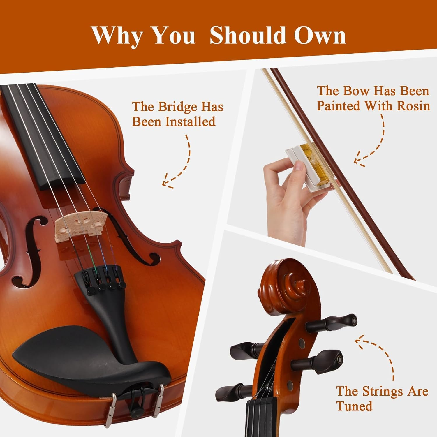 PHOENIX Violin 4/4 Full Size Kit, Violin Fiddle Set for Beginner Adults Student with Rosewood Bow, Extra Strings, 1 Rosin, Case, Fingerboard Stickers, Shoulder Rest (Full)