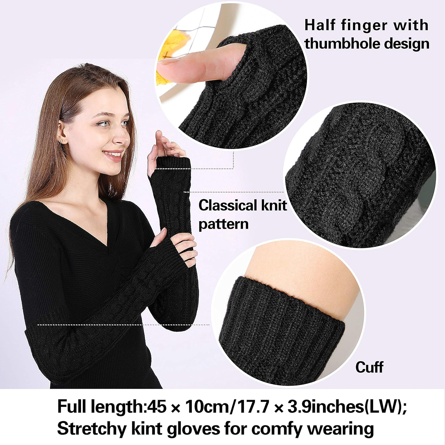 Womens Winter Warm over Elbow Long Fingerless Thumb Hole Gloves Mittens Knitted Arm Warmer - Black image number 6