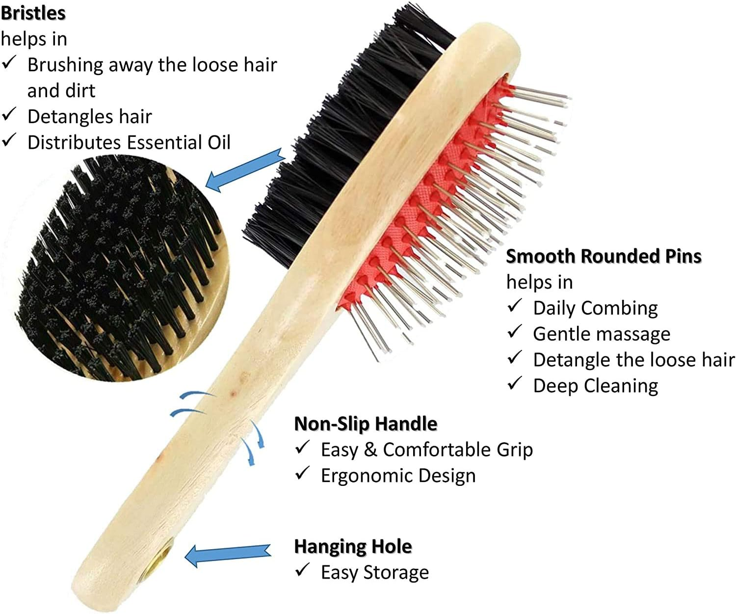 Wooden Double Sided Dog Brush - Pet Hair Grooming Tool with Pin and Soft Bristles for Dogs & Cats with Long or Short Hair - Red image number 6