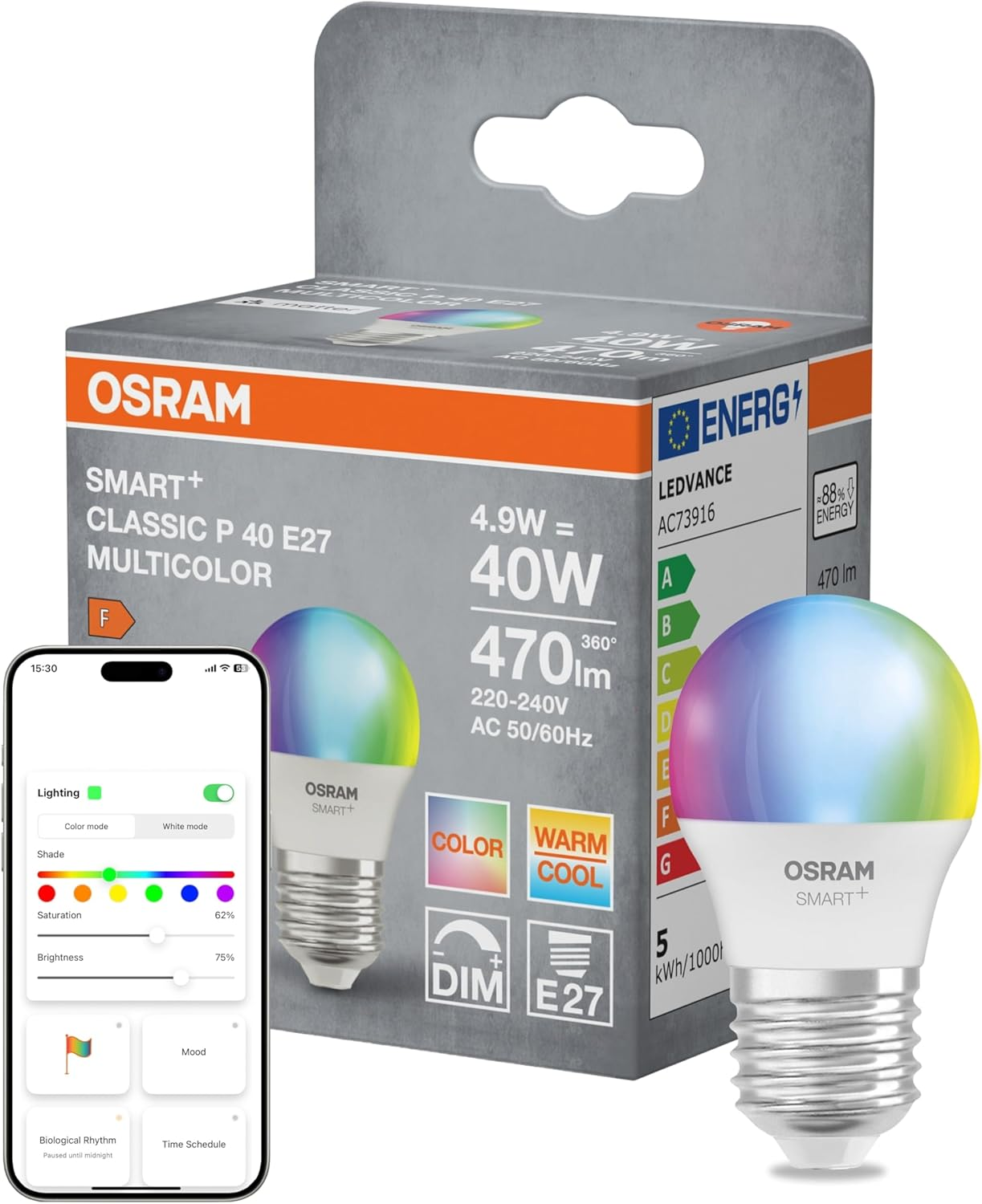 OSRAM Smart+ LED Lamp P40 RGBW E27, Mini Ball Shape, WLAN Enabled, Controllable with App, Compatible with Matter, Alexa, Google Assistant image number 1