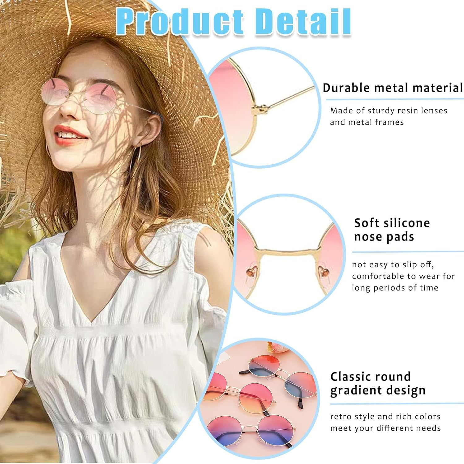 Round Hippy Specs Sunglasses 6PCS Retro Hippie Circle Glasses 60'S 70'S Style Retro Rave Glasses 6 Colors Hippie Fancy Dress Costume Accessories for Adults image number 5