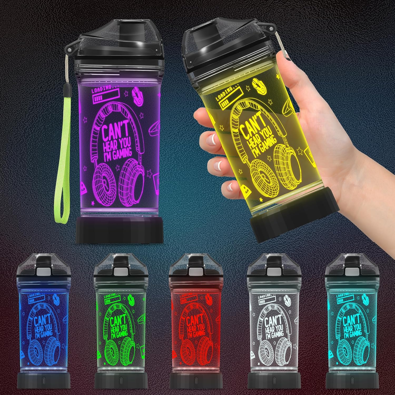 Gamer Water Bottle, Light up 3D Headphone Design, 14Oz Tritan BPA Free - for Boys Girls- Kids Drinking Cup - Christmas Holiday image number 3