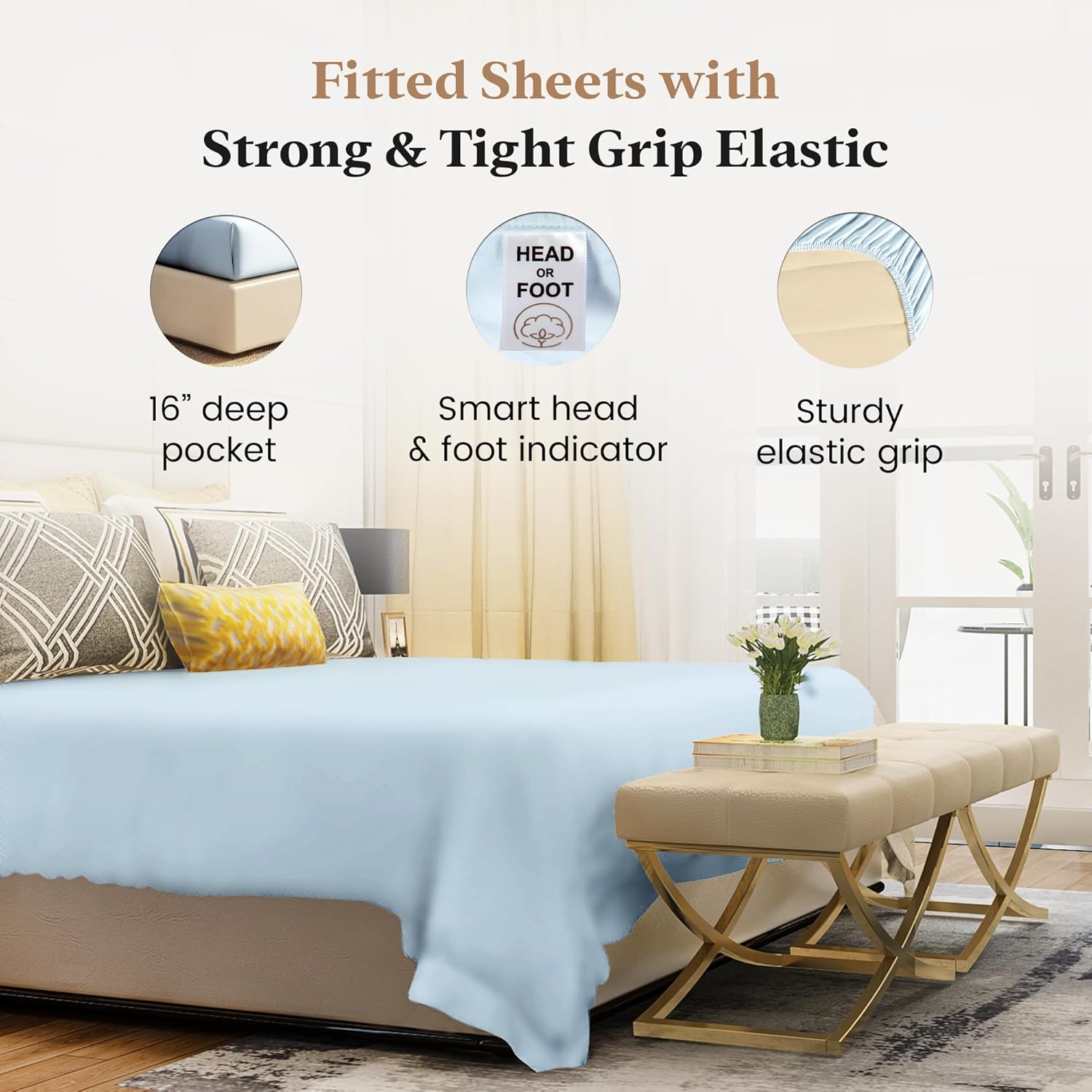 Good Sleep Bedding Queen Size Fitted Sheet Only - Soft & Breathable, Luxury 1000 Thread Count 16" Deep Pocket Queen Fitted Sheet, 100% Egyptian Cotton Fitted Sheet Queen - Light Blue Fitted Sheets image number 5