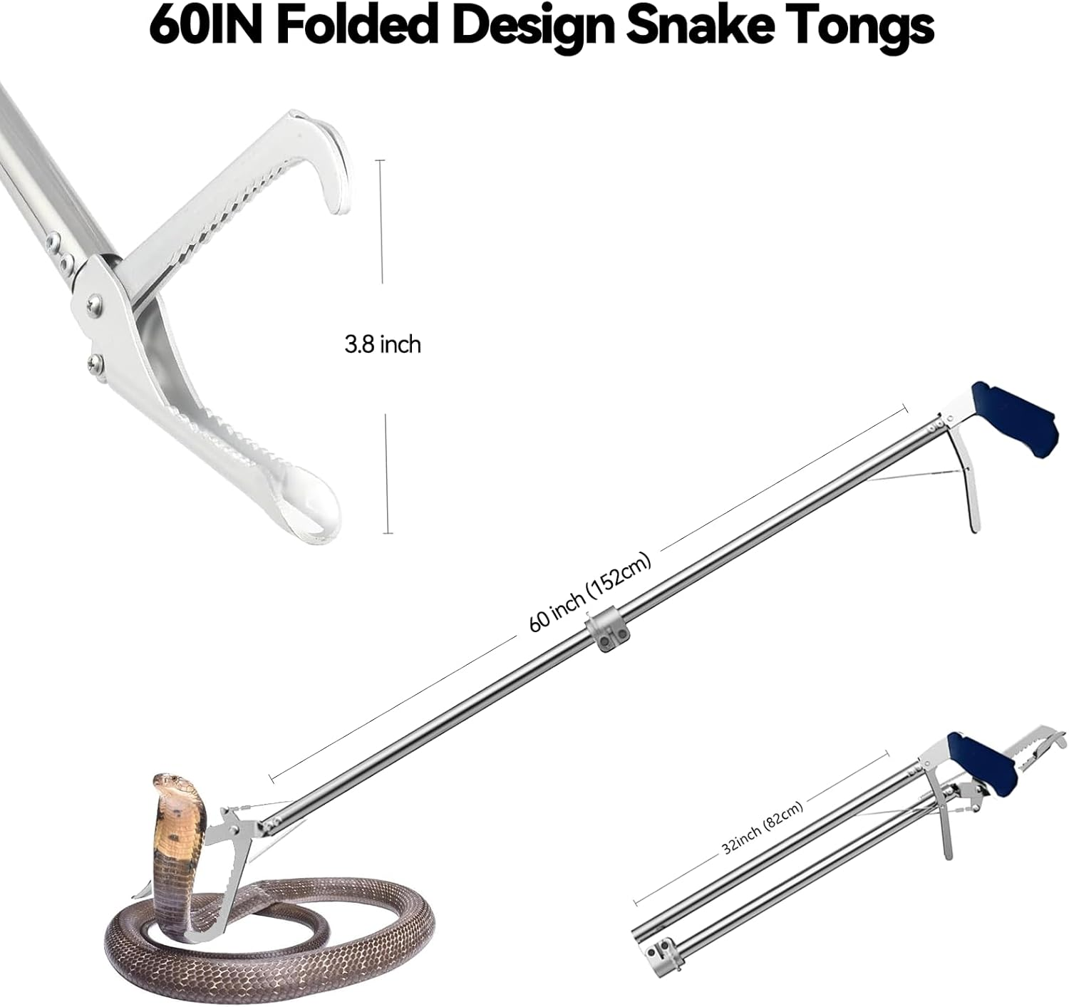 60&ldquo; Professional Collapsible Snake Grabber Tool, Stainless Steel Snake Catcher Pole with Heavy-Duty Grabber Heads, Tongs, and Hook Mechanisms for Safe Reptile Control in Gardens or Farms image number 1
