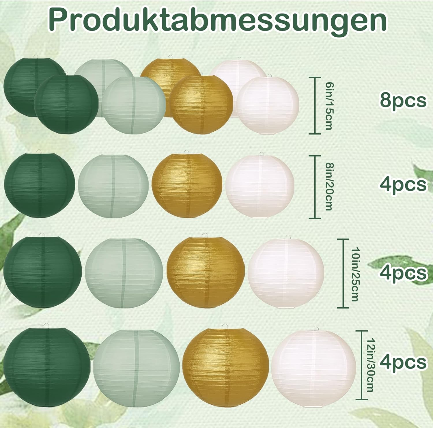 Set of 20 Paper Lanterns in Sage Green - round Paper Lanterns in 4 Sizes (15/20/25/30 Cm) - Lampshades as Decoration for Wedding, Birthday, Baby Shower & Garden Party image number 4