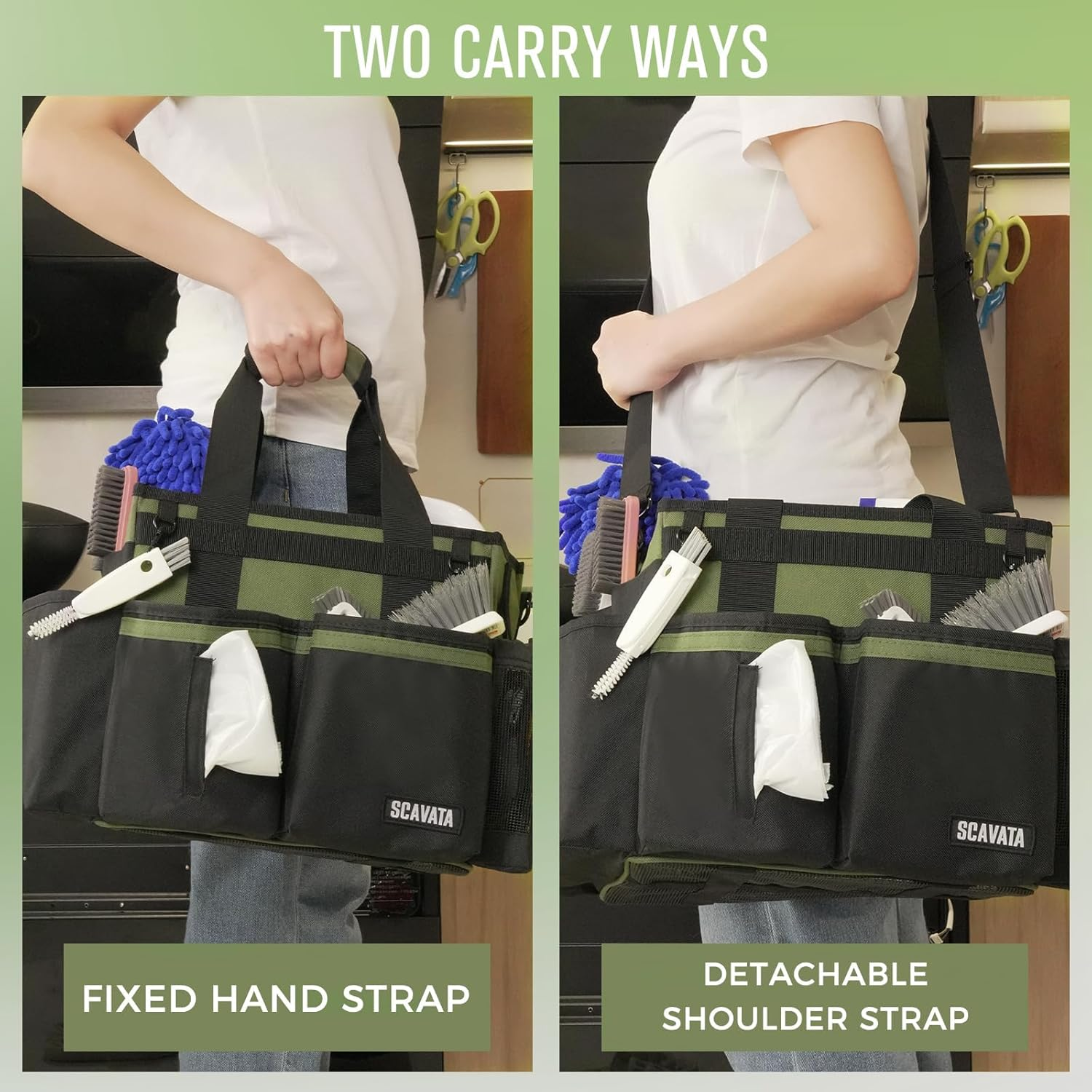 SCAVATA Compact Wearable Cleaning Caddy, Small Cleaning Caddy Supplies Organizer with Handle & Shoulder Straps for Housekeepers, under Sink & Car Cleaning Tool Organizers Bag (Armygreen)