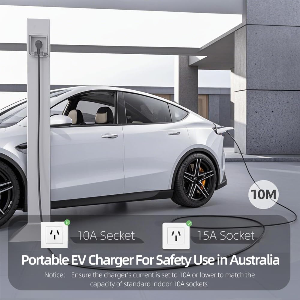 VINLEN Type 2 EV Charger - 3.5KW, 10M Cable, Adjustable Current (10A-15A), Compatible with Australian 10A & 15A Power Socket (Adapter Included), Compatible with Tesla, BYD, MG, Kia, Polestar & More image number 1